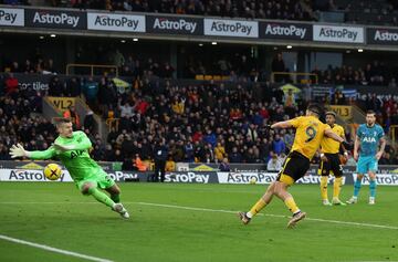 Raul Jimenez scores Wolves' second goal before it is disallowed.