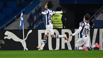 Real Sociedad's Japanese forward #14 Takefusa Kubo celebrates scoring the opening goal during the Spanish league football match between Real Sociedad and Villarreal CF at the Anoeta stadium in San Sebastian on January 13, 2025. (Photo by ANDER GILLENEA / AFP)