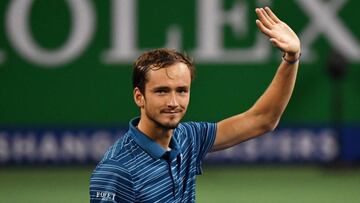 Daniil Medvedev of Russia celebrates after winning against Stefanos Tsitsipas of Greece in their men&#039;s singles semi-final match at the Shanghai Masters tennis tournament in Shanghai on October 12, 2019. (Photo by HECTOR RETAMAL / AFP)