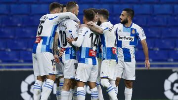 BARCELONA, SPAIN - OCTOBER 28: Raul de Tomas of RCD Espanyol celebrates scoring his side&#039;s first goal in the 26th minute during the La Liga Smartbank match between RCD Espanyol and Ponferradina at RCDE Stadium on October 28, 2020 in Barcelona, Spain.