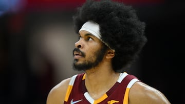 Apr 15, 2022; Cleveland, Ohio, USA; Cleveland Cavaliers center Jarrett Allen (31) stands on the court in the second quarter against the Atlanta Hawks at Rocket Mortgage FieldHouse. Mandatory Credit: David Richard-USA TODAY Sports