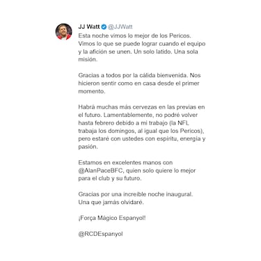 A través de esta publicación en "X" agradece a los aficionados del club por la bienvenida que le dieron y anuncia que volverá en febrero a la ciudad para vivir más fútbol en Cornellá y disfrutar más cervezas con la afición perica. 