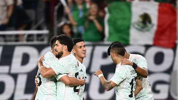 Mexico players celebrate a goal in their favor scored by Haiti's defender Ricardo Ade during the Concacaf 2023 Gold Cup Group B football match between Haiti and Mexico at the State Farm stadium, in Glendale, Arizona on June 29, 2023. (Photo by Patrick T. Fallon / AFP)