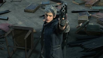 Nero, adulto, en Devil May Cry 5. Luce un aspecto muy diferente y muestra un descaro más desbordado.