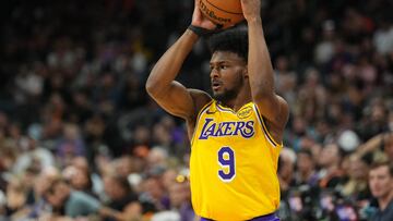 Oct 17, 2024; Phoenix, Arizona, USA; Los Angeles Lakers guard Bronny James (9) in action against the Phoenix Suns during the second half at Footprint Center. Mandatory Credit: Joe Camporeale-Imagn Images