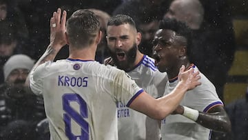 Kroos, Benzema y Vinicius celebran el 0-1.