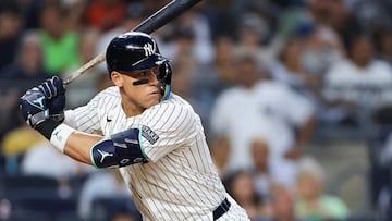 NEW YORK, NEW YORK - JUNE 05: Aaron Judge #99 of the New York Yankees hits a triple against the Minnesota Twins during the fifth inning at Yankee Stadium on June 05, 2024 in the Bronx borough of New York City.   Luke Hales/Getty Images/AFP (Photo by Luke Hales / GETTY IMAGES NORTH AMERICA / Getty Images via AFP)