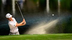 GREENSBORO, NORTH CAROLINA - AUGUST 05: Brandon Wu of the United States plays a shot from a bunker on the 15th hole during the third round of the Wyndham Championship at Sedgefield Country Club on August 05, 2023 in Greensboro, North Carolina.   Logan Whitton/Getty Images/AFP (Photo by Logan Whitton / GETTY IMAGES NORTH AMERICA / Getty Images via AFP)