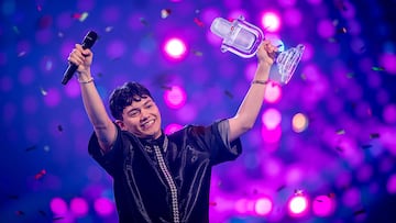 18 May 2025, Switzerland, Basel: JJ from Austria wins the final of the 69th Eurovision Song Contest with the song "Wasted Love" and cheers on stage. A good 160 million people watched the music show on television in 2024. Photo: Jens Büttner/dpa (Photo by Jens Büttner/picture alliance via Getty Images)