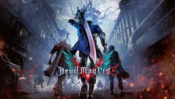 Arte principal de Devil May Cry 5 con los tres protagonistas de espaldas y el logo del videojuego.