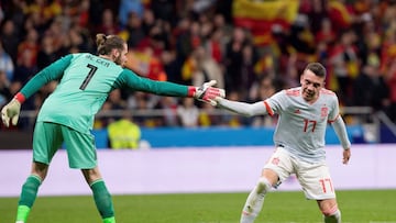David de Gea y Iago Aspas celebran el tanto que el delantero marc¨® a pase del portero durante el amistoso entre Espa?a y Argentina disputado en marzo del 2018.