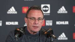 MANCHESTER, ENGLAND - APRIL 15: (EXCLUSIVE COVERAGE) Interim Manager Ralf Rangnick of Manchester United speaks during a press conference at Carrington Training Ground on April 15, 2022 in Manchester, England. (Photo by Tom Purslow/Manchester United via Getty Images)