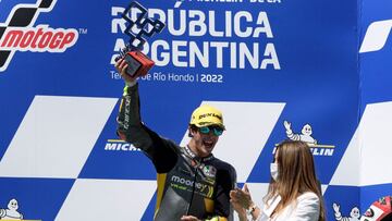 Kalex Mooney VR46 Racing Team Italian rider Celestino Vietti celebrates on the podium of the Argentina Grand Prix Moto2 at the Termas de Rio Hondo circuit, in Termas de Rio Hondo, in the Argentine northern province of Santiago del Estero, on April 3, 2022