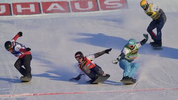 IDRE FJALL, SWEDEN - FEBRUARY 11: Lucas Eguibar of Spain wins the gold medal, Alessandro Haemmerle of Austria wins the silver medal, Eliot Grondin of Canada wins the bronze medal during the FIS Freestyle Ski Cross And Snowboard Cross World Championships M