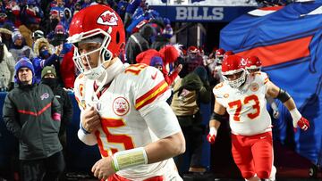 Jan 21, 2024; Orchard Park, New York, USA; Kansas City Chiefs quarterback Patrick Mahomes (15) takes the field before the 2024 AFC divisional round game against the Buffalo Bills at Highmark Stadium. Mandatory Credit: Mark J. Rebilas-USA TODAY Sports