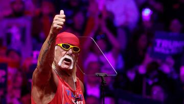 FILE PHOTO: Hulk Hogan, professional entertainer and wrestler, gestures during a rally for Republican presidential nominee and former U.S. President Donald Trump at Madison Square Garden, in New York, U.S., October 27, 2024. REUTERS/Brendan McDermid/File Photo