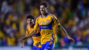 Romulo Zanre celebrates his goal 3-1 of Tigres during the Quarter Finals second leg match between Tigres UANL and Los Angeles Galaxy  as part of the CONCACAF Champions Cup 2025, at Universitario Stadium on April 08, 2025 in Monterrey, Nuevo Leon, Mexico.