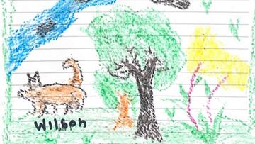 Dibujo realizado por los niños que demuestra que estuvieron con Wilson, el perro de rescate.