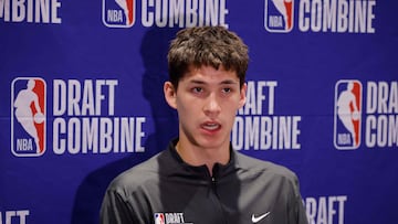 CHICAGO, ILLINOIS - MAY 14: Egor Demin answers questions from reporters during media availability at the 2025 NBA Draft Combine at Wintrust Arena on May 14, 2025 in Chicago, Illinois. Michael Reaves/Getty Images/AFP (Photo by Michael Reaves / GETTY IMAGES NORTH AMERICA / Getty Images via AFP)