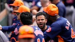 JUPITER, FLORIDA - MARCH 12: Jose Altuve #27 of the Houston Astros talks to teammates prior to a spring training game against the Miami Marlins at Roger Dean Stadium on March 12, 2024 in Jupiter, Florida.