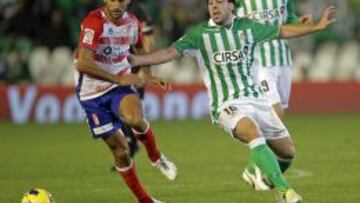 El centrocampista del Betis Beñat Etxebarria (d) y el centrocampista del Granada Mikel Rico luchan por el balón durante el partido correspondiente a la undécima jornada de Liga que ambos equipos disputan en el estadio Benito Villamarín de Sevilla. EFE/Julio Muñoz