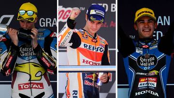 Álex Márquez, Dani Pedrosa y Arón Canet en el podio de Jerez.