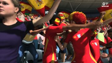 Los aficionados espa?oles celebran el t¨ªtulo en el Estadio Ol¨ªmpico de Berl¨ªn