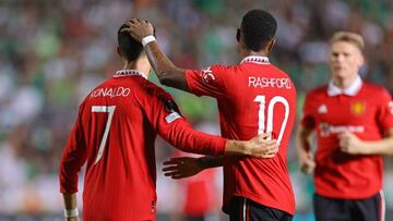 (L to R) Manchester United's Portuguese striker Cristiano Ronaldo and Manchester United's English striker Marcus Rashford celebrate together after the latter's goal during the UEFA Europa League group E football match between Cyprus' Omonia Nicosia and England's Manchester United at GSP stadium in the capital Nicosia on October 6, 2022. (Photo by AFP) (Photo by -/AFP via Getty Images)