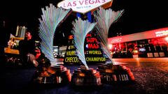 A detailed view of the Race winner's trophy on the podium under the 'Welcome to Las Vegas' sign during the F1 Grand Prix of Las Vegas at Las Vegas Strip Circuit