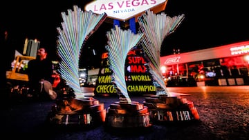 A detailed view of the Race winner's trophy on the podium under the 'Welcome to Las Vegas' sign during the F1 Grand Prix of Las Vegas at Las Vegas Strip Circuit