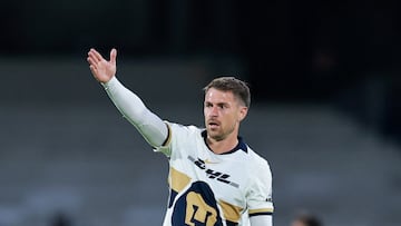 Soccer Football - Liga MX - Pumas UNAM v Puebla - Estadio Olimpico Universitario Mexico 1968, Mexico City, Mexico - August 24, 2025 Pumas UNAM's Aaron Ramsey reacts REUTERS/Eloisa Sanchez