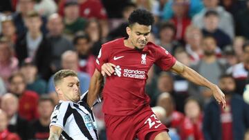 LIVERPOOL, ENGLAND - AUGUST 31: (THE SUN OUT,THE SUN ON SUNDAY OUT) Luis Diaz of Liverpool  during the Premier League match between Liverpool FC and Newcastle United at Anfield on August 31, 2022 in Liverpool, England. (Photo by John Powell/Liverpool FC via Getty Images)