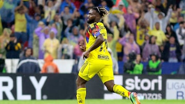America's French forward #97 Allan Saint-Maximin celebrates after scoring his team's third goal during the Liga MX Apertura football match between Atlas and America at the Jalisco Stadium in Guadalajara, Jalisco state, Mexico on August 24, 2025. (Photo by Ulises Ruiz / AFP)