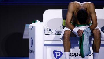 Tennis - ATP Finals Turin - Pala Alpitour, Turin, Italy - November 18, 2022 Serbia's Novak Djokovic reacts after losing the second set in his group stage match against Russia's Daniil Medvedev REUTERS/Guglielmo Mangiapane