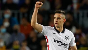 Soccer Football - Europa League - Quarter Final - Second Leg - FC Barcelona v Eintracht Frankfurt - Camp Nou, Barcelona, Spain - April 14, 2022 Eintracht Frankfurt's Rafael Santos Borre celebrates scoring their second goal REUTERS/Albert Gea