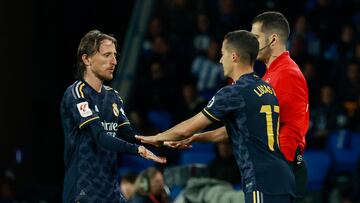 Soccer Football - LaLiga - Real Sociedad v Real Madrid - Reale Arena, San Sebastian, Spain - April 26, 2024 Real Madrid's Lucas Vazquez comes on as a substitute to replace Luka Modric REUTERS/Vincent West