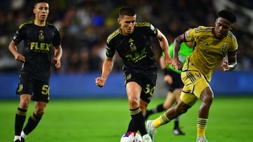 Aug 8, 2023; Los Angeles, CA, USA; Los Angeles FC defender Sergi Palencia (30) passes the ball against Real Salt Lake during the second half at BMO Stadium. Mandatory Credit: Gary A. Vasquez-USA TODAY Sports