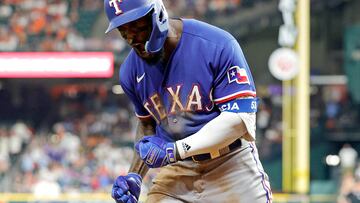 HOUSTON, TEXAS - OCTOBER 23: Adolis Garcia #53 of the Texas Rangers celebrates after hitting a solo home run against Jose Urquidy #65 of the Houston Astros during the eighth inning in Game Seven of the American League Championship Series at Minute Maid Park on October 23, 2023 in Houston, Texas.   Carmen Mandato/Getty Images/AFP (Photo by Carmen Mandato / GETTY IMAGES NORTH AMERICA / Getty Images via AFP)