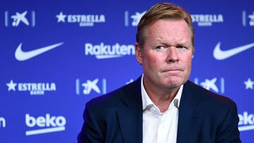 Barcelona's new Dutch coach Ronald Koeman holds a press conference during his official presentation at the Camp Nou stadium in Barcelona on August 19, 2020. - Crisis-hit Barcelona hailed the "return of a legend" as the Spanish giants today