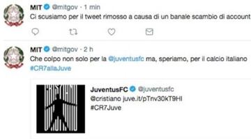 Celebraci&oacute;n del fichaje de Cristiano Ronaldo por la Juventus en el Twitter del Ministerio de Infraestructuras y Transporte de Italia.