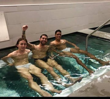 Contagious | Varane celebrates derby win with Ramos and Modric.