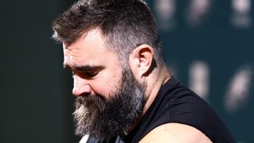 PHILADELPHIA, PENNSYLVANIA - MARCH 04: Jason Kelce #62 of the Philadelphia Eagles reacts after announcing his retirement from the NFL at NovaCare Complex on March 04, 2024 in Philadelphia, Pennsylvania. Tim Nwachukwu/Getty Images/AFP (Photo by Tim Nwachukwu / GETTY IMAGES NORTH AMERICA / Getty Images via AFP)
