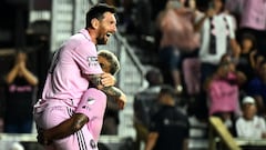Inter Miami's Argentine forward Lionel Messi (L) celebrates scoring his team's third goal  with Inter Miami's Venezuelan forward Josef Martinez during the round of 32 Leagues Cup football match between Inter Miami CF and Orlando City SC at DRV PNK Stadium in Fort Lauderdale, Florida, on August 2, 2023. (Photo by CHANDAN KHANNA / AFP)