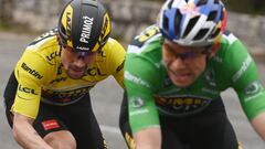 Jumbo-Visma's Belgian rider and best sprinter's green jersey Wout Van Aert (R) and Jumbo-Visma's Slovenian rider and overall leader's yellow jersey Primoz Roglic (L) take part in a breakaway during the 8th stage of the 80th Paris - Nice cycling race, 116 