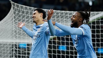 Soccer Football - Carabao Cup - Semi Final - Second Leg - Manchester City v Newcastle United - Etihad Stadium, Manchester, Britain - February 4, 2026 Manchester City's Tijjani Reijnders celebrates scoring their third goal with Antoine Semenyo Action Images via Reuters/Jason Cairnduff EDITORIAL USE ONLY. NO USE WITH UNAUTHORIZED AUDIO, VIDEO, DATA, FIXTURE LISTS, CLUB/LEAGUE LOGOS OR 'LIVE' SERVICES. ONLINE IN-MATCH USE LIMITED TO 120 IMAGES, NO VIDEO EMULATION. NO USE IN BETTING, GAMES OR SINGLE CLUB/LEAGUE/PLAYER PUBLICATIONS. PLEASE CONTACT YOUR ACCOUNT REPRESENTATIVE FOR FURTHER DETAILS..