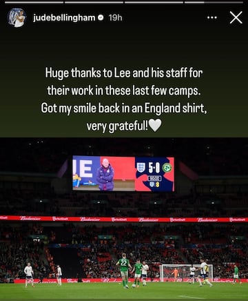 Mensaje de despedida de agradecimiento y despedida de Jude Bellingham, jugador de la Selección inglesa, al exseleccionador interino Lee Carsley en Instagram.