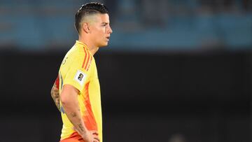 Colombia's midfielder #10 James Rodriguez reacts after losing the 2026 FIFA World Cup South American qualifiers football match between Uruguay and Colombia at the Centenario stadium in Montevideo on November 15, 2024. (Photo by DANTE FERNANDEZ / AFP)