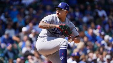 Apr 21, 2023; Chicago, Illinois, USA; Los Angeles Dodgers starting pitcher Julio Urias (7) throws the ball against the Chicago Cubs during the first inning at Wrigley Field. Mandatory Credit: David Banks-USA TODAY Sports