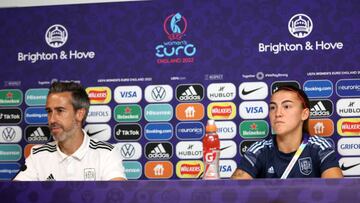 BRIGHTON, ENGLAND - JULY 19: Jorge Vilda and Patri Guijarro of Spain speak to the media during the UEFA Women's Euro 2022 Spain press conference at Brighton & Hove Community Stadium on July 19, 2022 in Brighton, England. (Photo by Catherine Ivill - UEFA/UEFA via Getty Images)