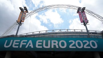 A view of Wembley stadium in northwest London, which will host the final of the UEFA Euro 2020 football tournament on June 10, 2021. (Photo by Niklas HALLE&#039;N / AFP)